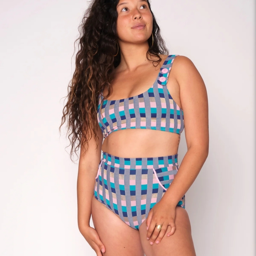 Seea Georgia High Waist Bikini Bottom - Blue/Pink/Gold